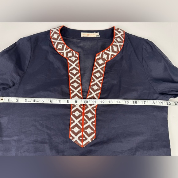 Tory Burch $295 Tunic Long Sleeve Top Size 12 Navy w/ Ivory Orange Brown Accents - Picture 14 of 14